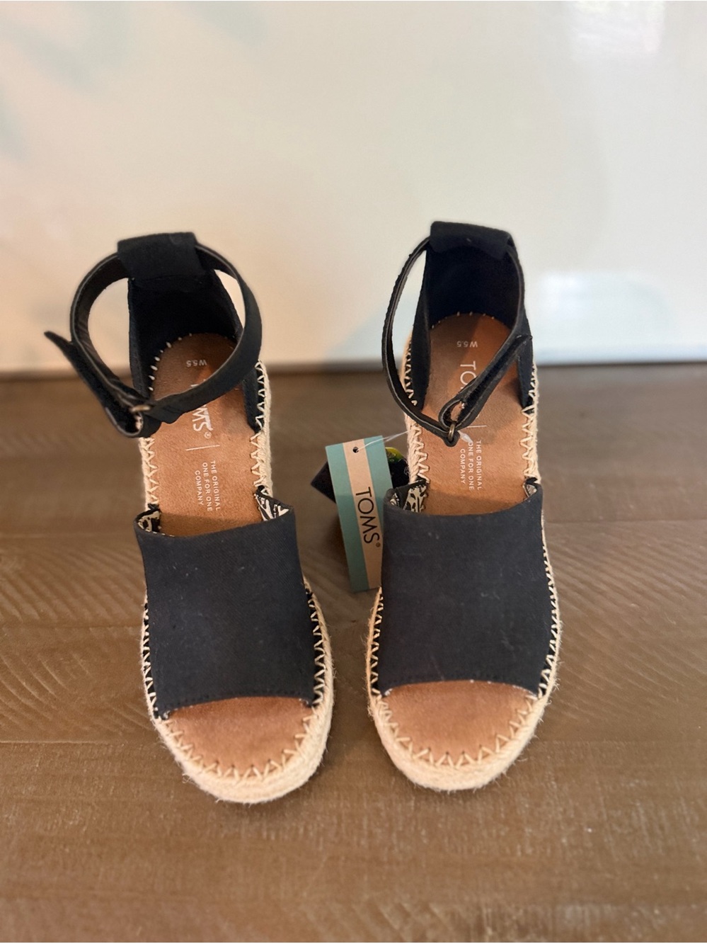 TOMS Women’s Black Canvas Wedge Sandals Hook & Loop Adjustable Strap
